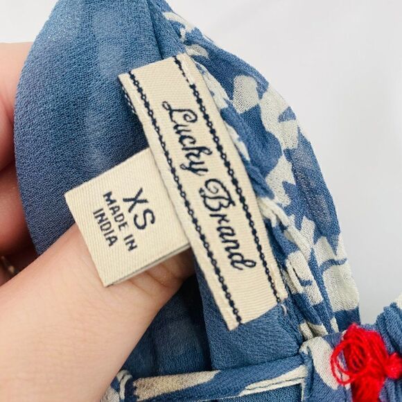 Lucky Brand Size XS Blue & White Boho Racerback Geometric Print Peasant Dress - Picture 6 of 9